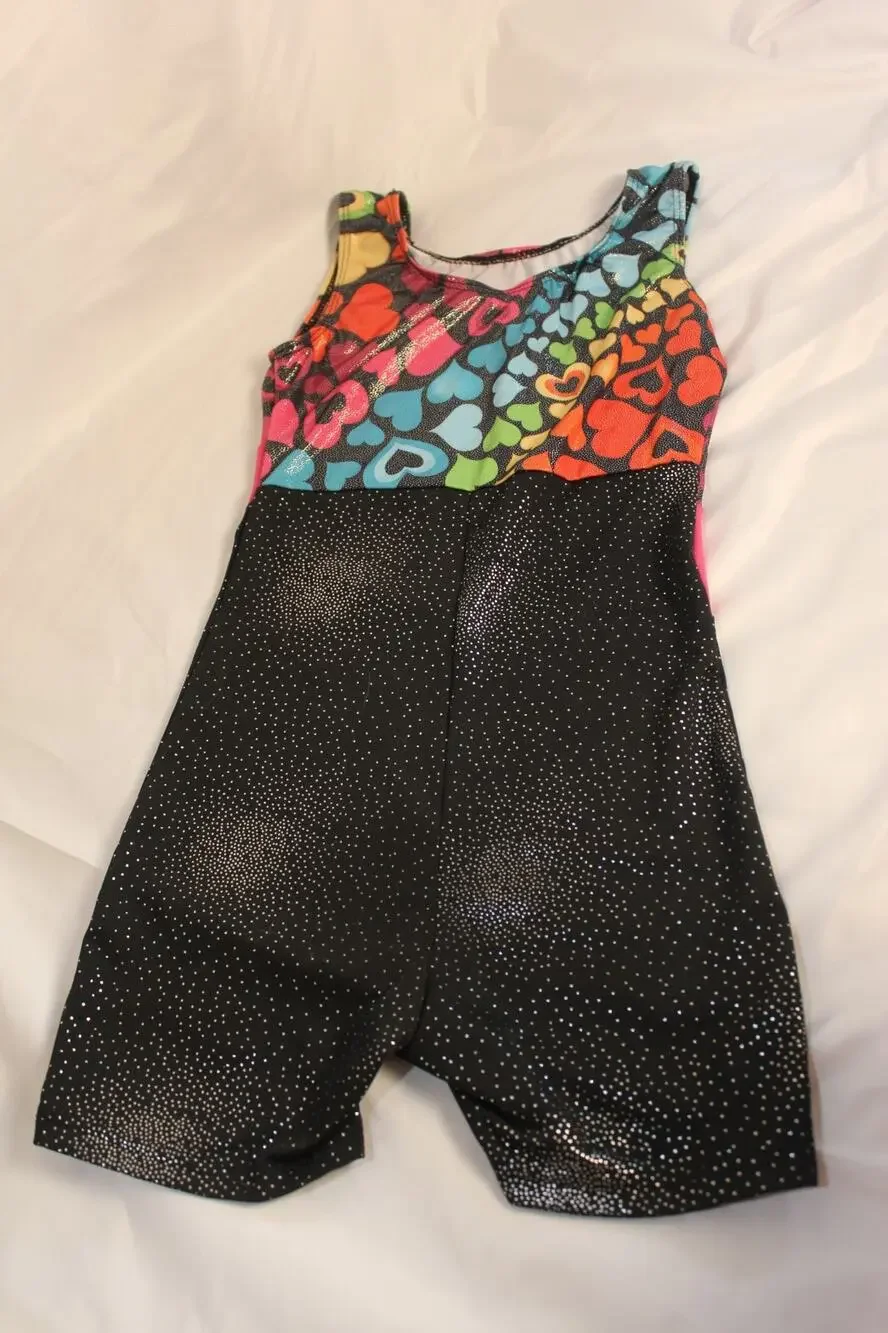 Kids Girls Gymnastics Leotard Unitard Bikershorts Rainbow Hearts Black Sparkle 7
